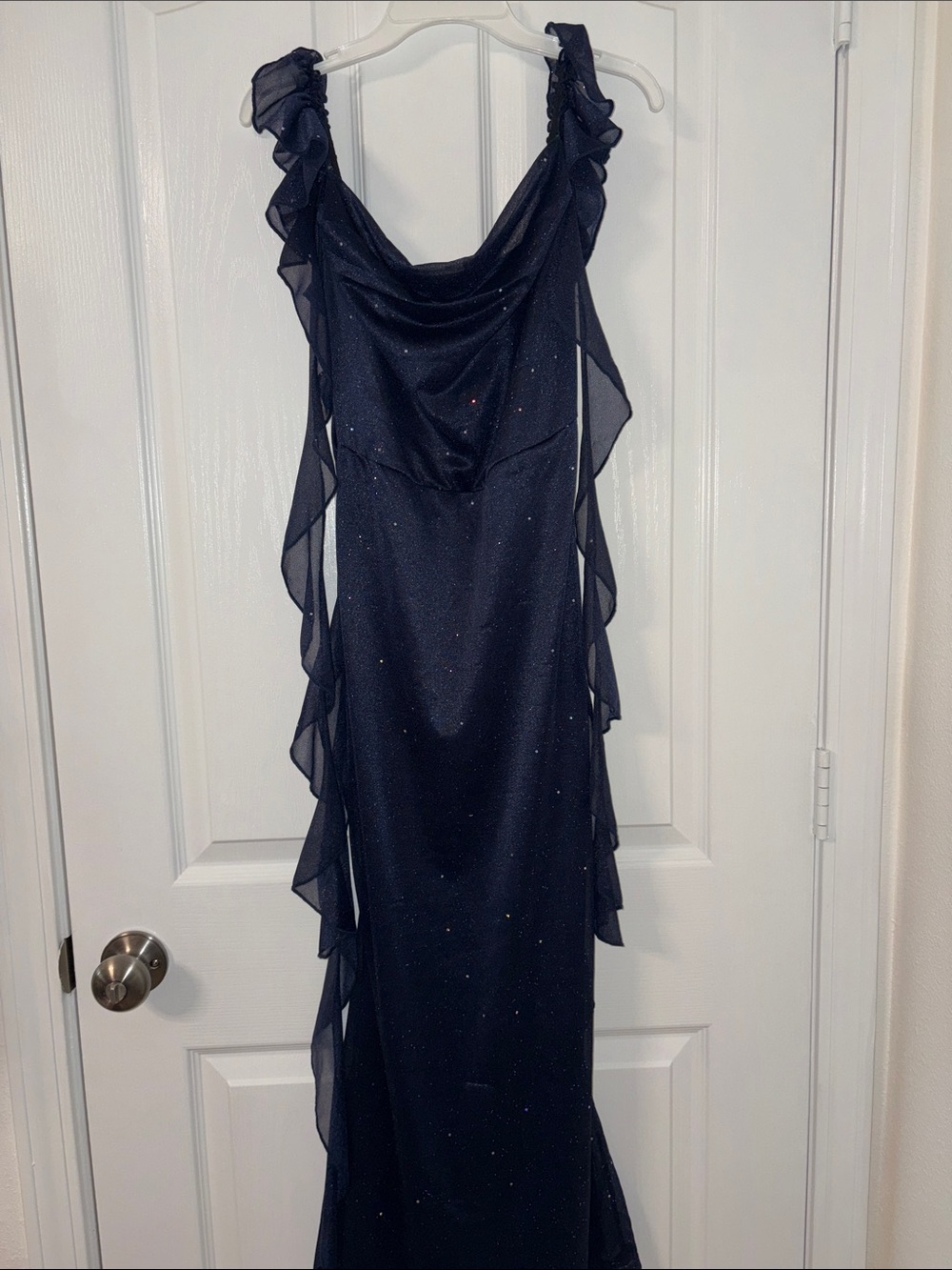 Cider Navy Sparkle Ruffle Maxi Dress